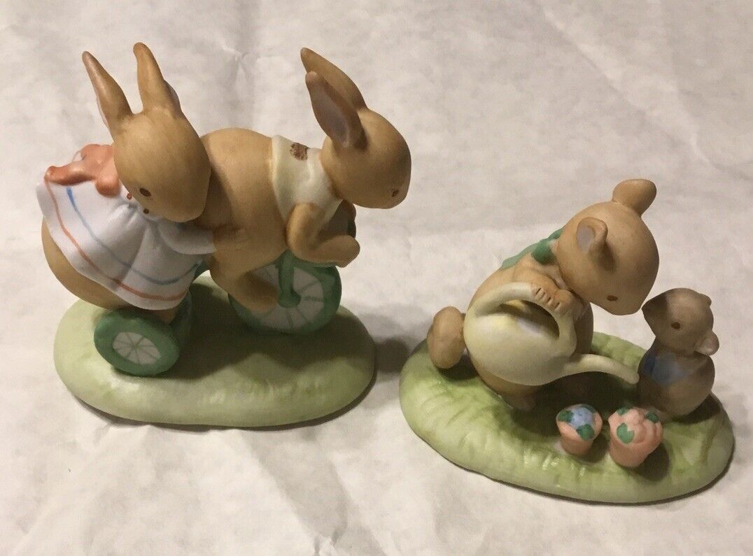 Set Of (2) Tiny Talk Collection Bunny Rabbits Riding A Bike & Watering The Flowe