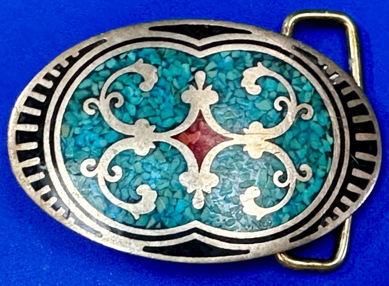 Turquoise & Coral chip Inlay Vintage 1981 Albuquerque NM Signed Belt Buckle