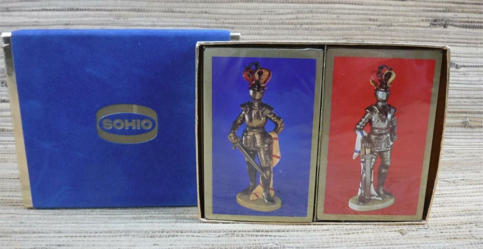 Vintage Sohio Gas Double Deck of Playing Cards Suit of Armor Blue Red  cb5