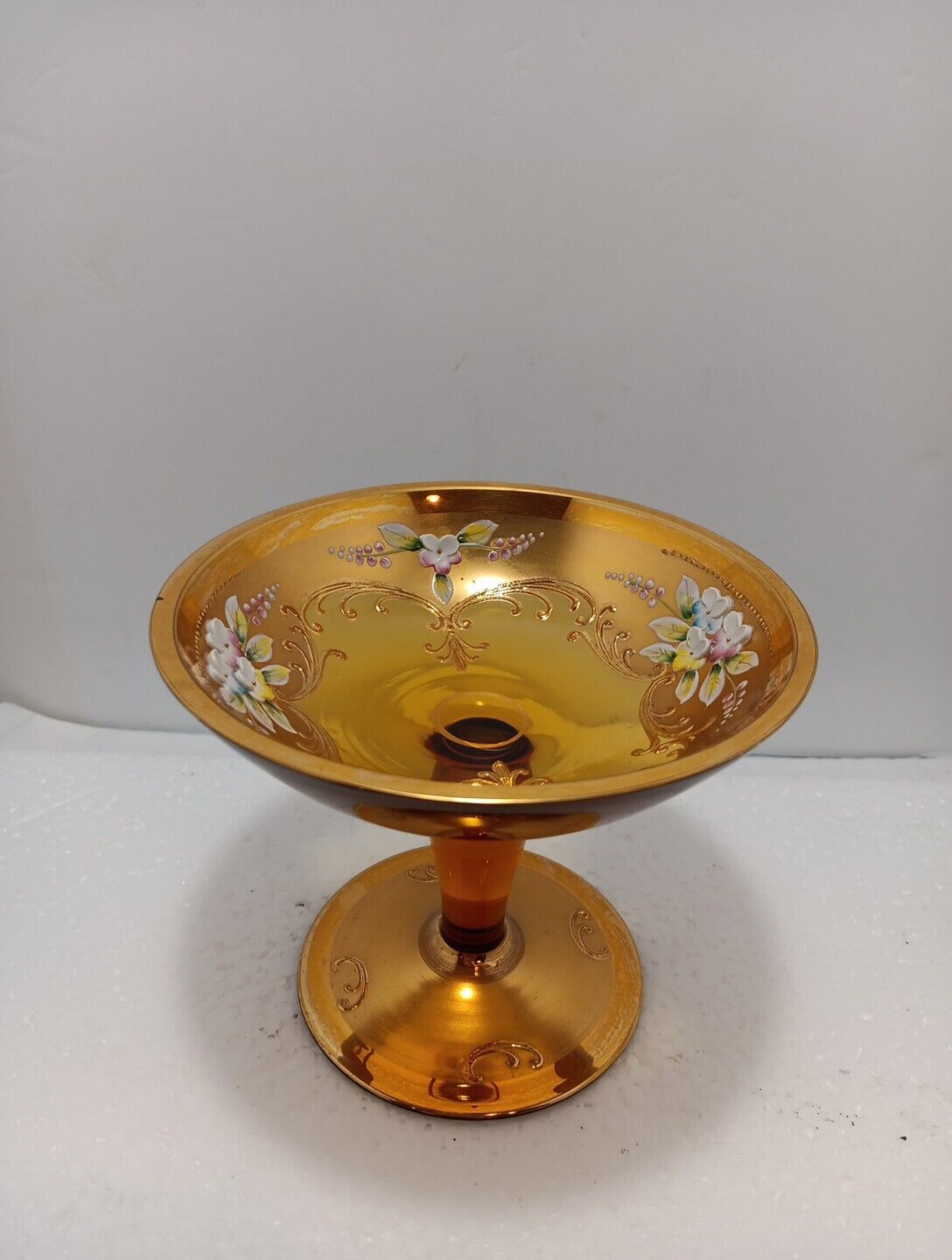 Vintage Amber Floral Enameled Bohemian Glass Pedestal Candy/Trinket Dish