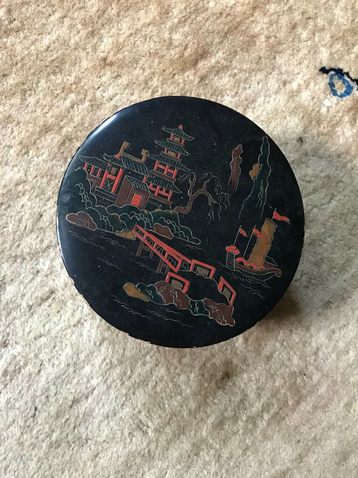 ANTIQUE Chinese / Japanese Lacquer Wooden box embossed Carved Bats fairyland