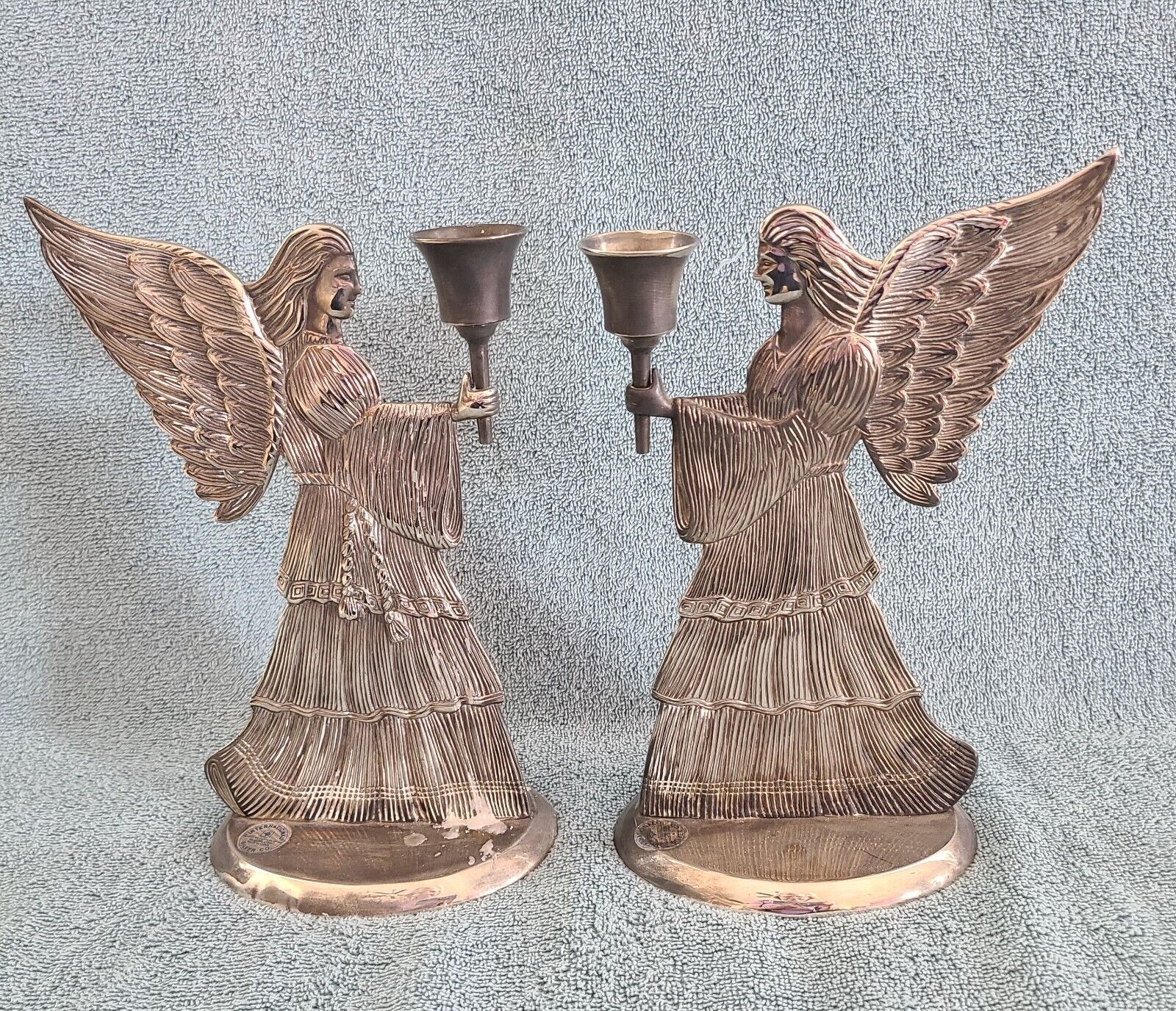1994 Christmas Sterling Silver-Plated Angel Candlestick Holder Pair, 9-in Tall