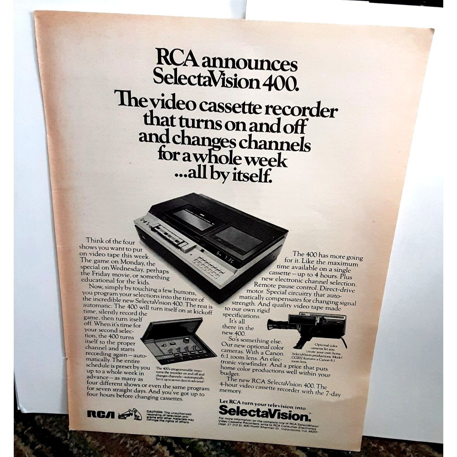 1979 RCA SelectaVision 400 Video Cassette Recorder Vintage Print Ad Original 70s