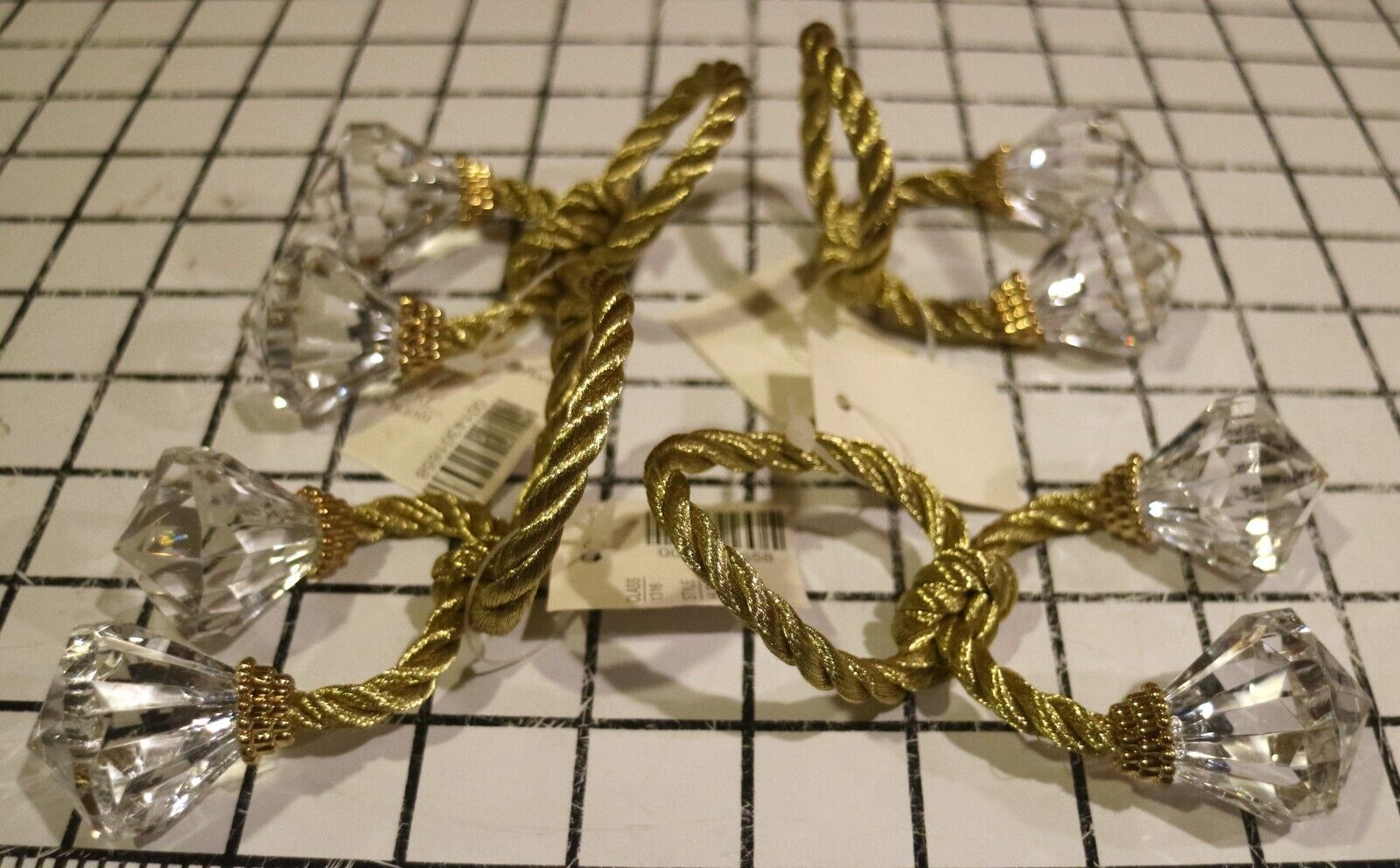 Napkin Rings Gold Rope Acrylic Crystals Set of 4 Peebles NWT NOS