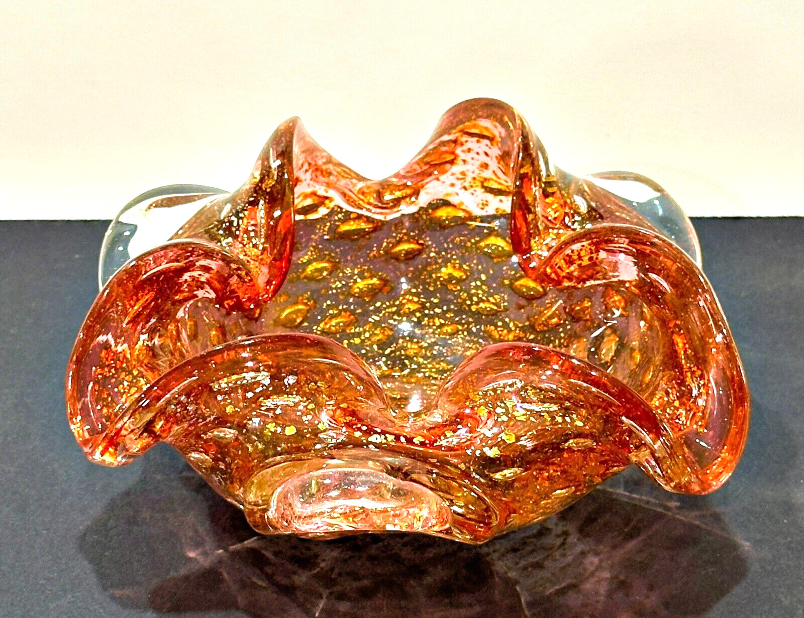 Italian Art Glass Ashtray Bowl Ruffled 6 Inch Pinkish Orange w Gold Flakes VTG