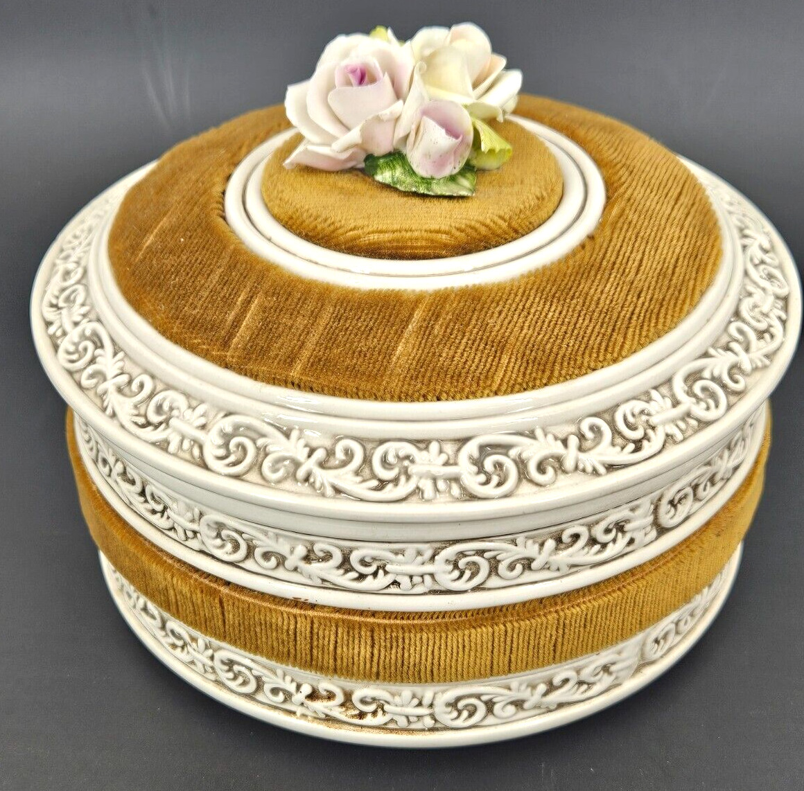 LG Vintage Rose Porcelain & Velvet Dresser Box~Jewelry Dish~Vanity 6.5\