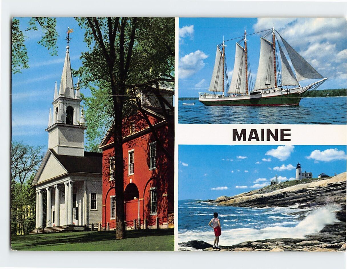Postcard Lighthouse Old White Church & Three Masted Schooner Maine USA