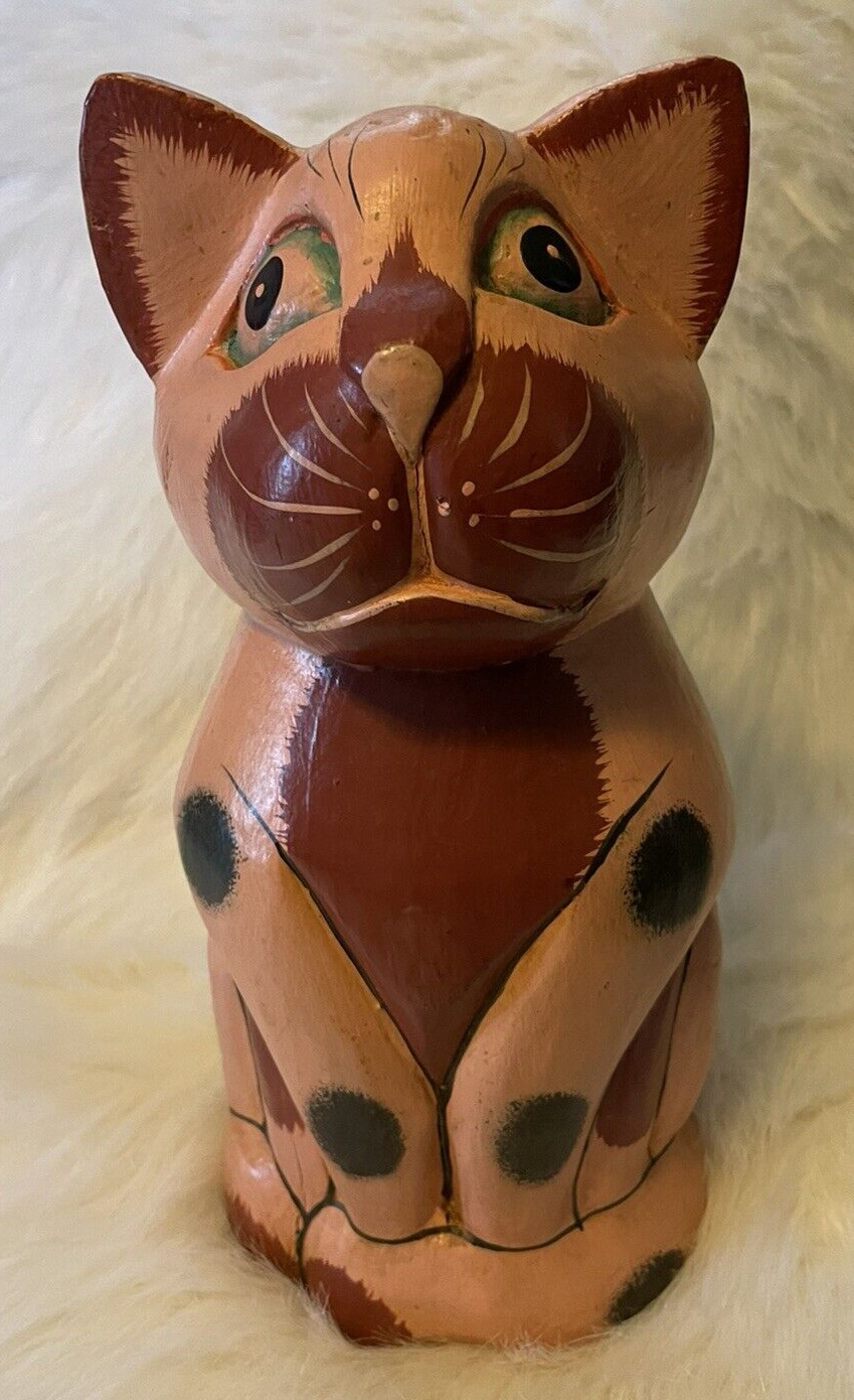 Cat Wooden Hand Painted Folk Art Cat Americana Statue Chunky Cat Pink Red 12in