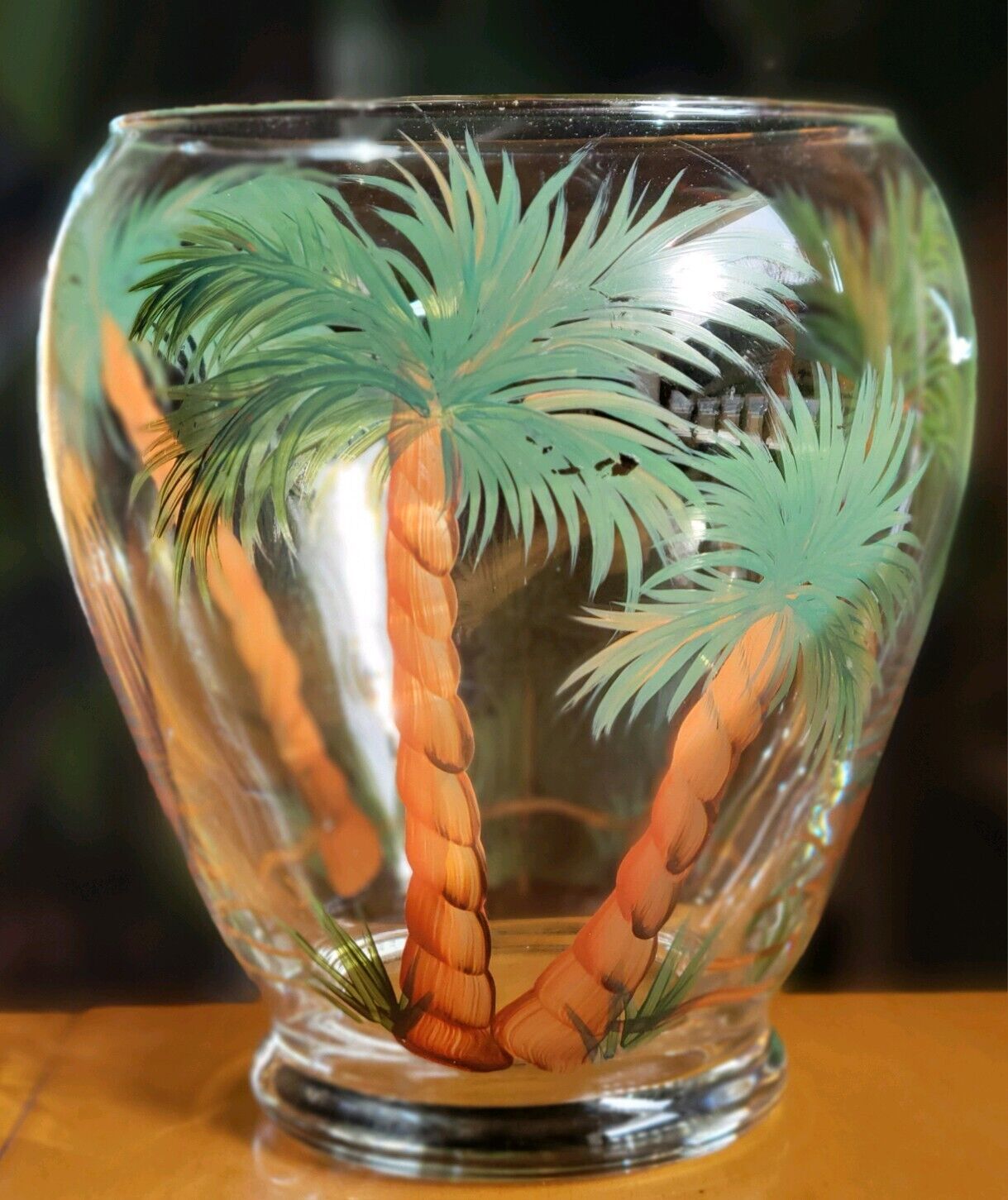 Tropical Handpainted Glass Vase  Palm Trees Decorative Art Glass