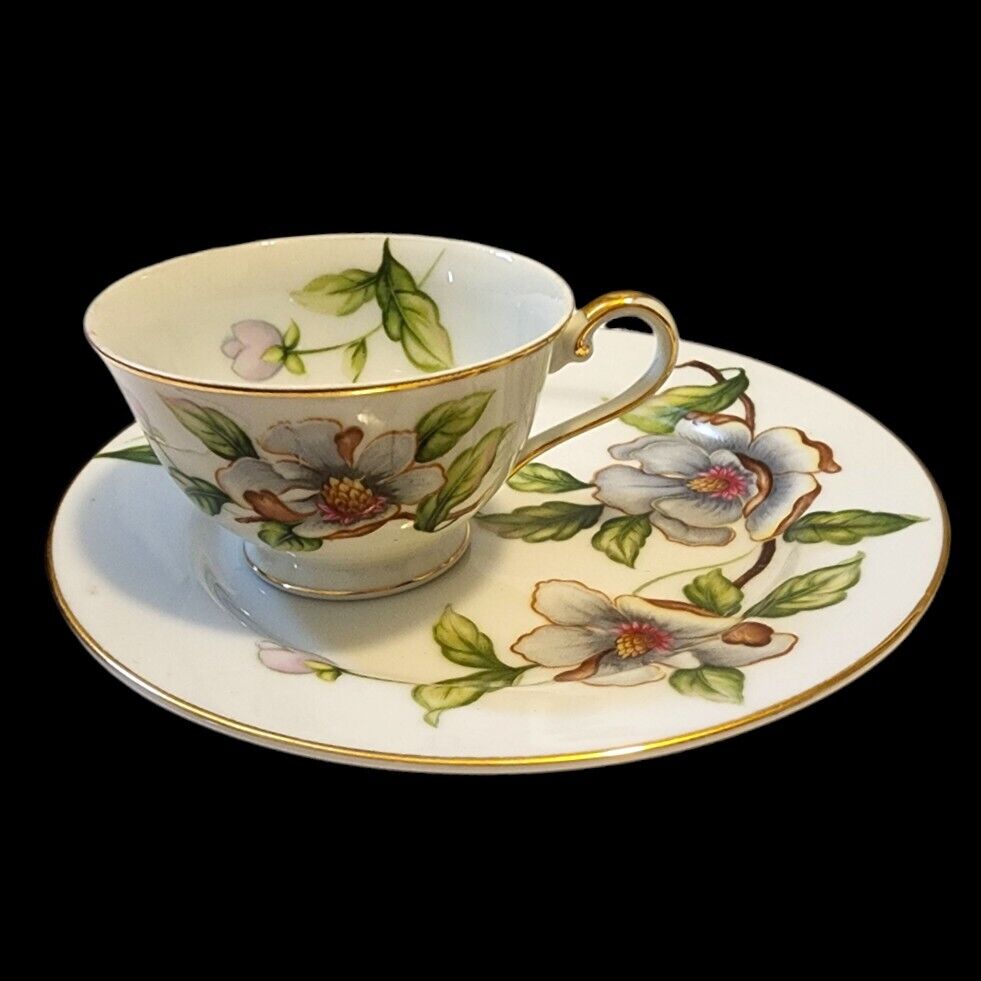 Vintage Roselyn China Dogwood Magnolia Bloom Tea Cup & Dessert Plate Gold Japan
