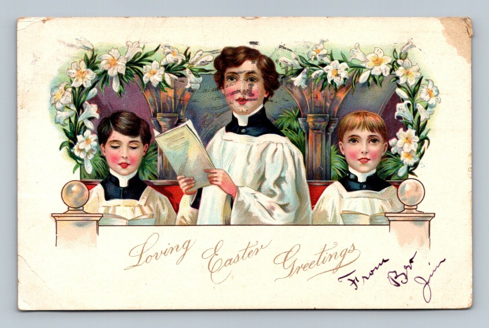 Vintage 1907 TUCK\'S LOVING EASTER GREETINGS Embossed Postcard CHOIRBOYS Posted