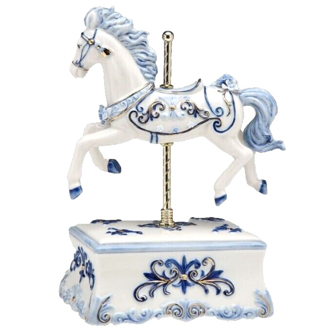 ♫ New MUSIC BOX Fine Porcelain BLUE WHITE CAROUSEL HOUSE Musical Figurine Statue