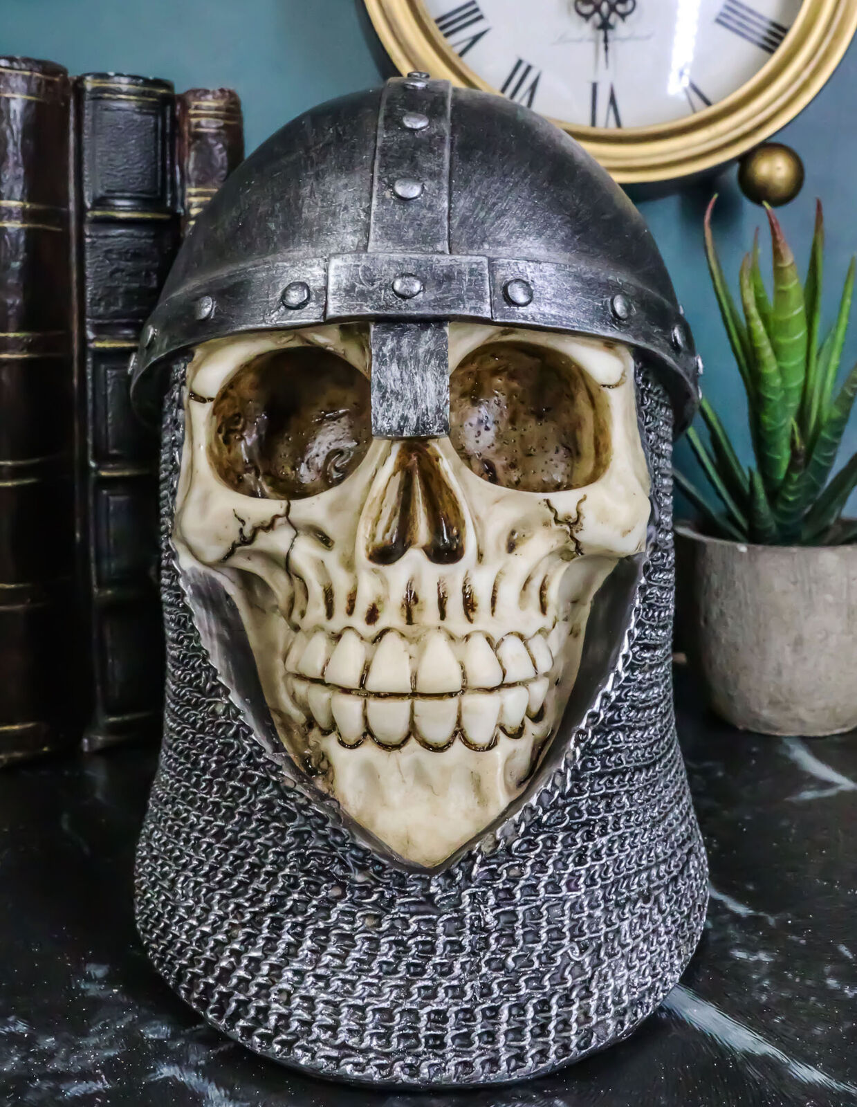 Ebros Medieval Knight Skull with Helmet and Head Coif Statue 6\