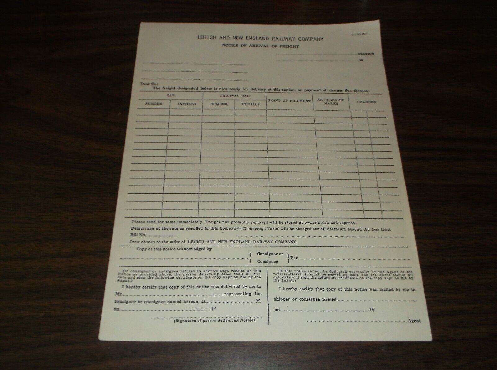 RARE 1950 L&NE LEHIGH AND NEW ENGLAND FREIGHT ARRIVAL FORM