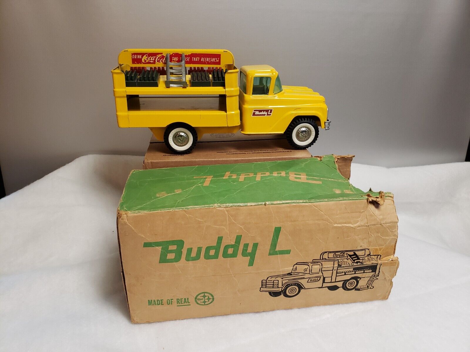 Vtg. 1960's Buddy L Coca Cola delivery truck,partial box, bottles, hand trucks