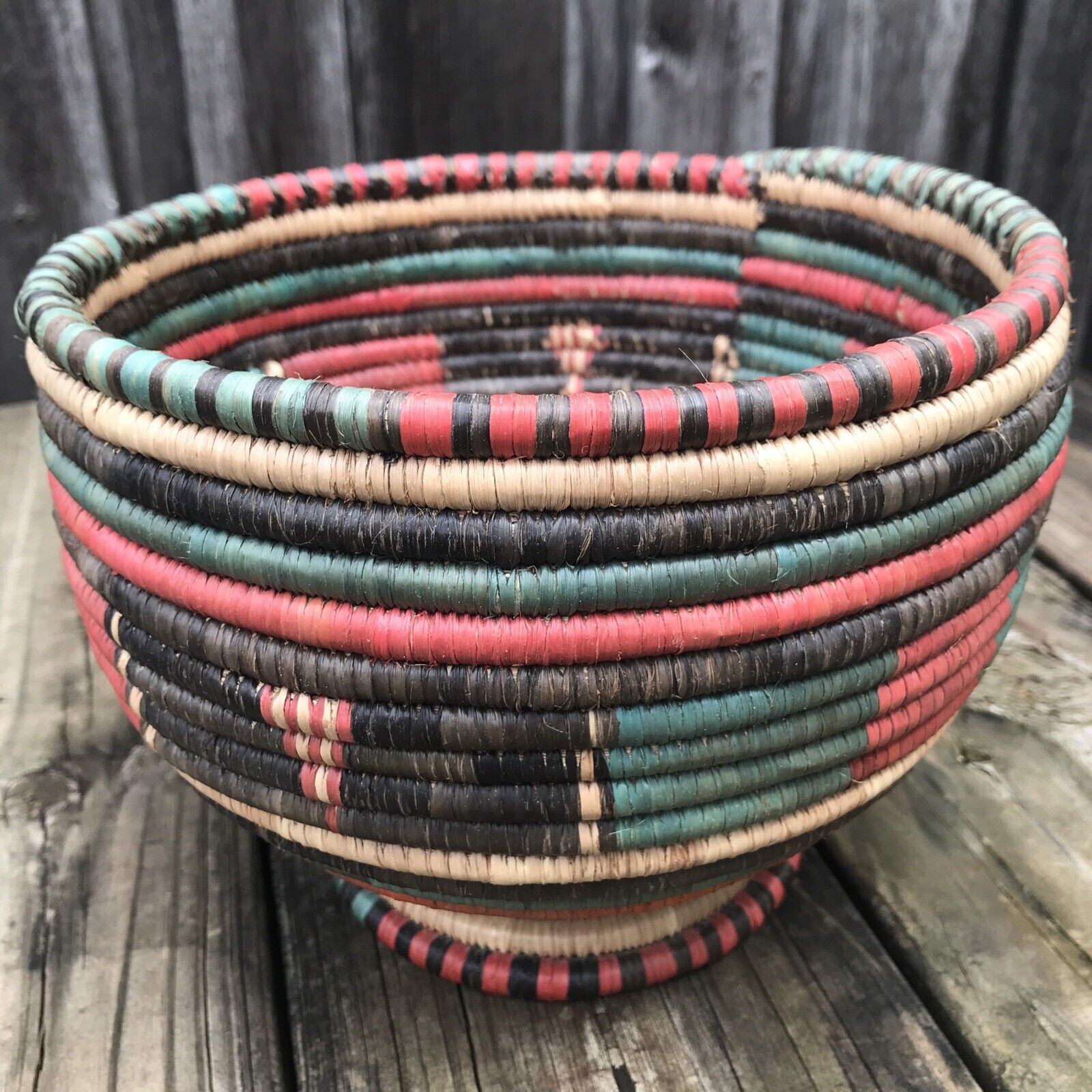 African Vintage Basket Handmade Colorful 8.25” Woven Coiled Boho Decor Pedestal