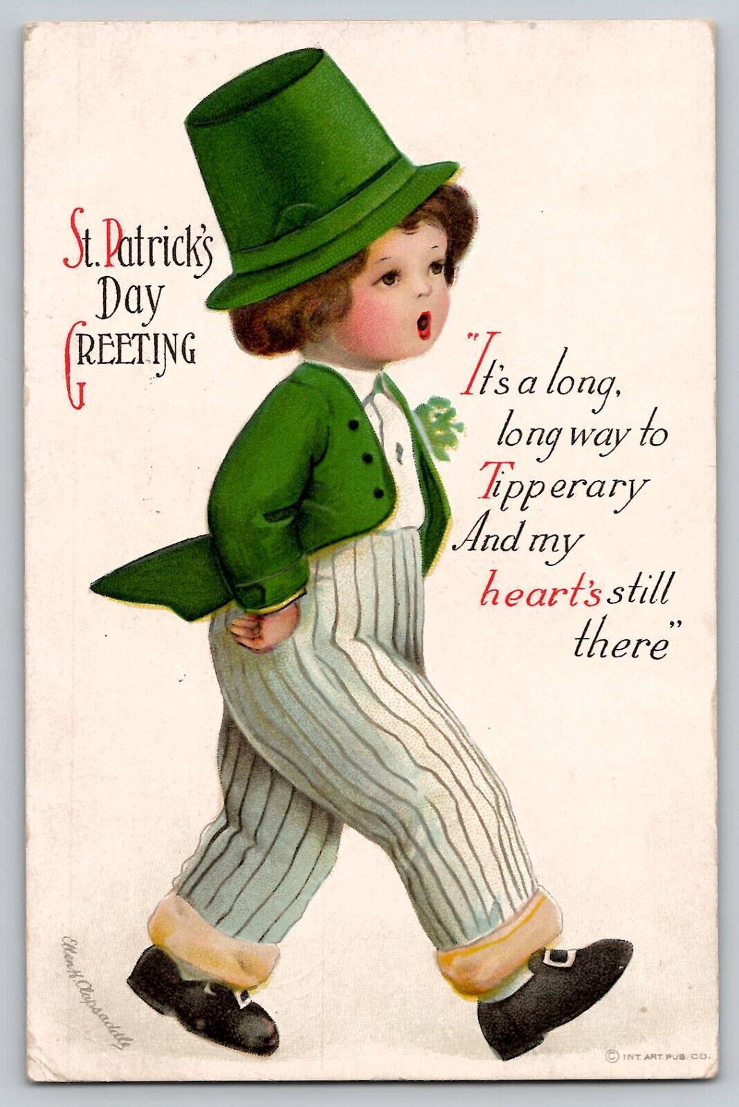 St. Patrick\'s Day Signed CLAPSADDLE Little Boy Singing Walking 1917 Vtg Postcard
