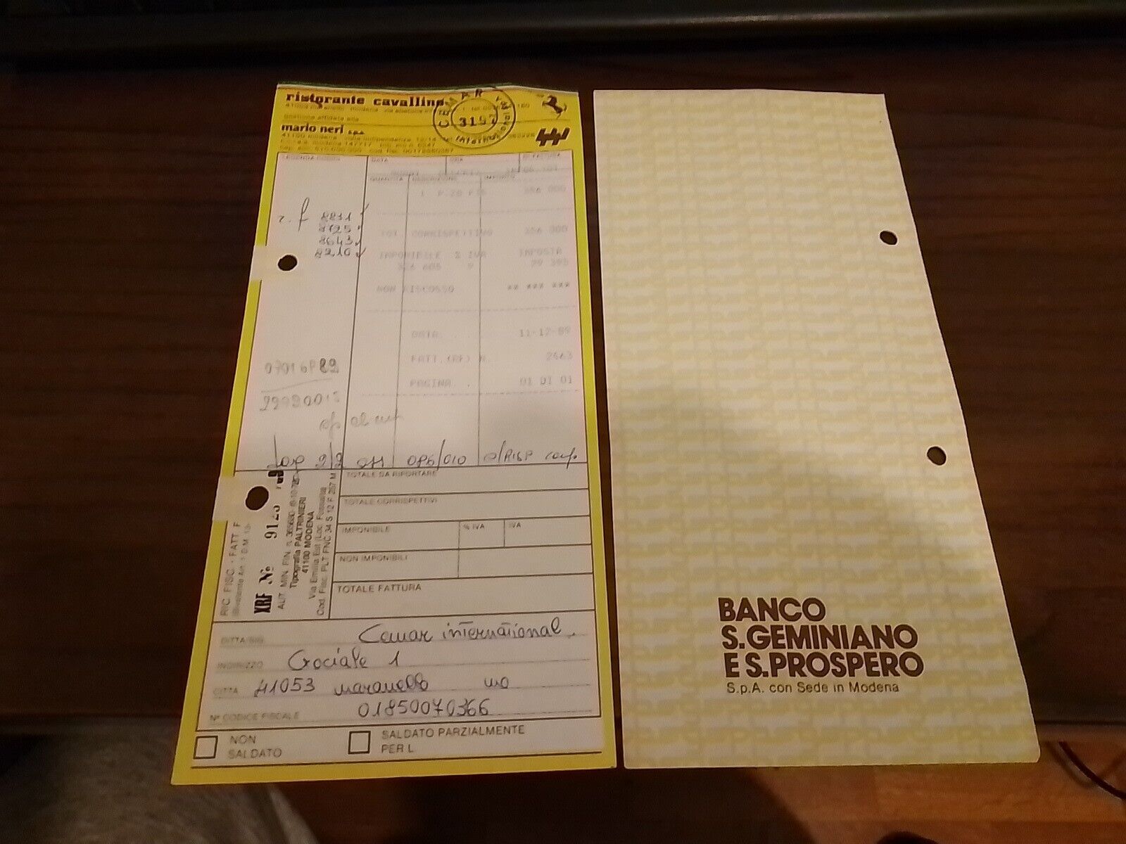 1x RISTORANTE CAVALLINO  Maranello-original 1989s-receipt,FERRARI TESTAROSSA-F40
