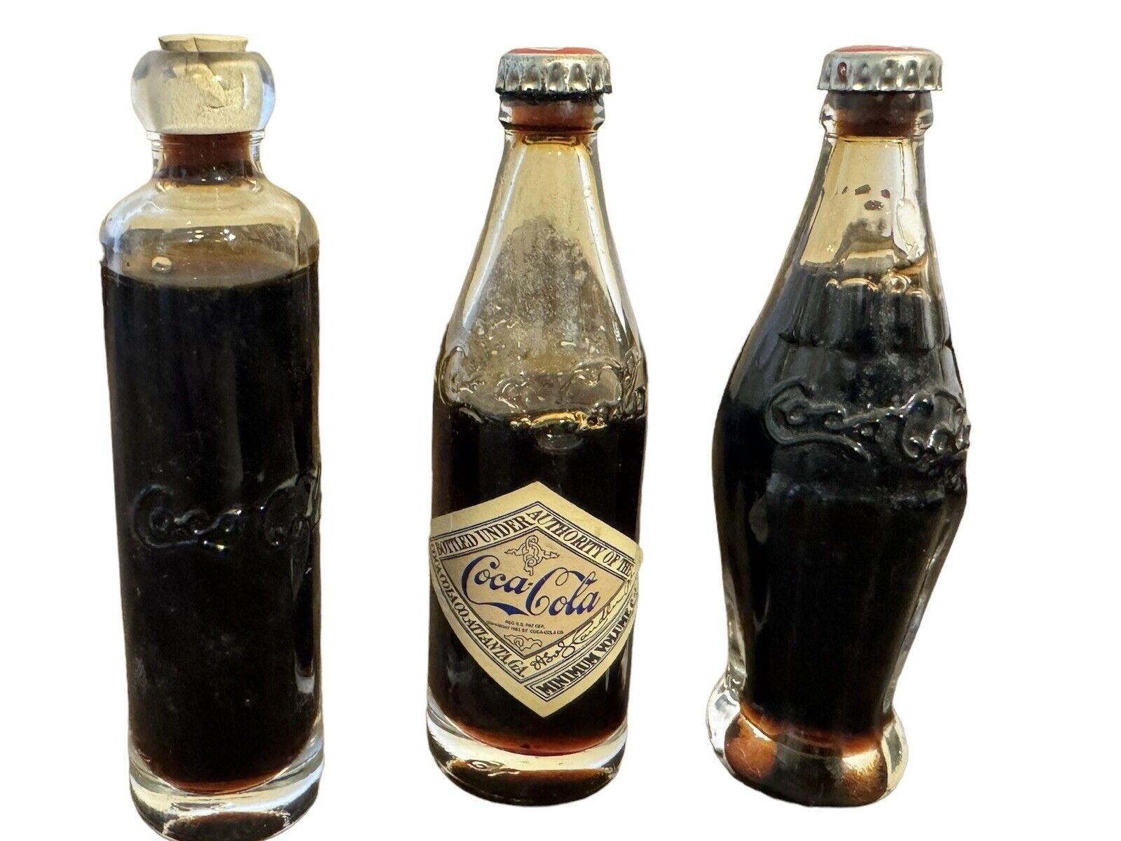 Vintage 3” Tall Coca Cola Bottles 2 Caps Metal 1 Cap Cork Lot Of 3