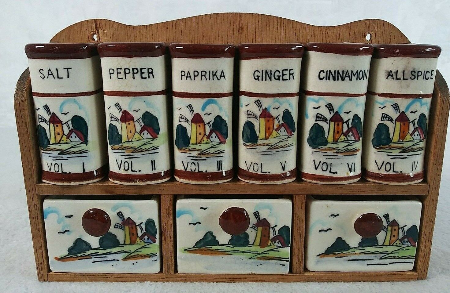 Windmill Spice Set 9 Jar Container  Dutch Ceramic Wall Wooden Rack Decor Vintage