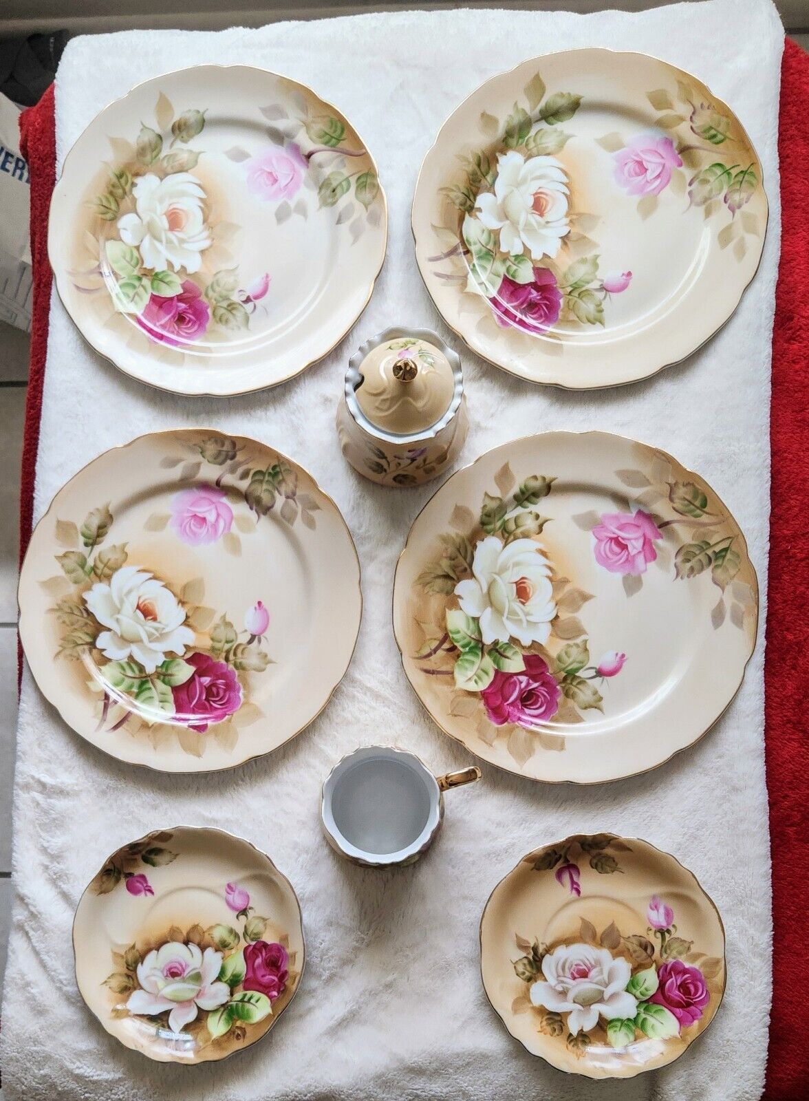 Vintage LEFTON CHINA Antique Roses Plates, Saucers, Sugar Bowl, Creamer set of 8