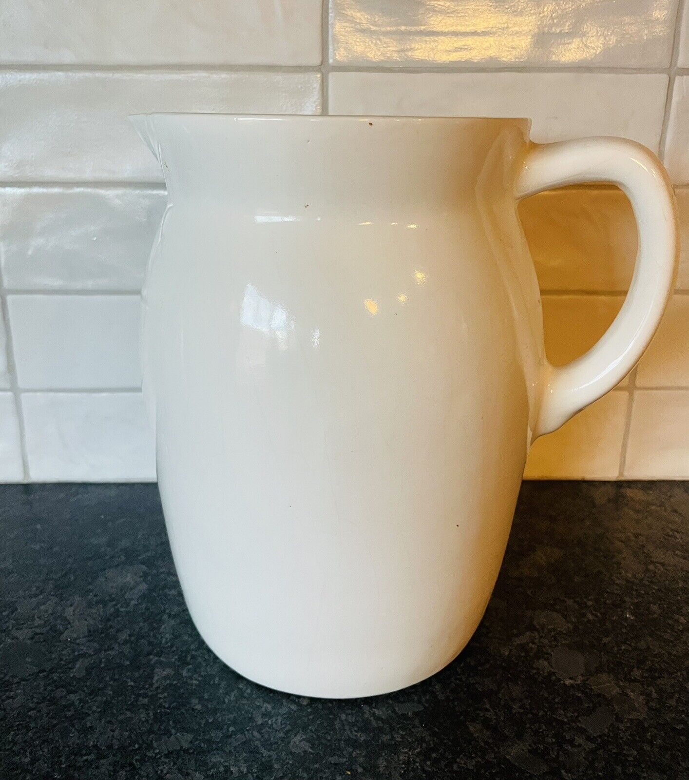Vintage White Stoneware Crock Pottery Pitcher 9 in Holds Almost 1 gallon