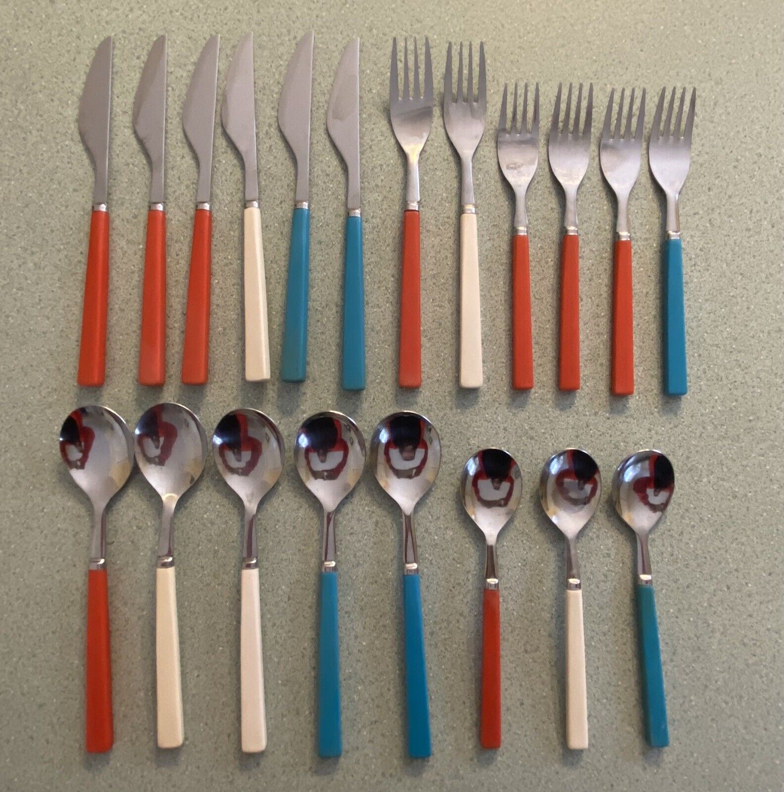 Vtg Anacapa Flatware: Stainless w/ Colorful Plastic Handle, 20 Assorted Pieces