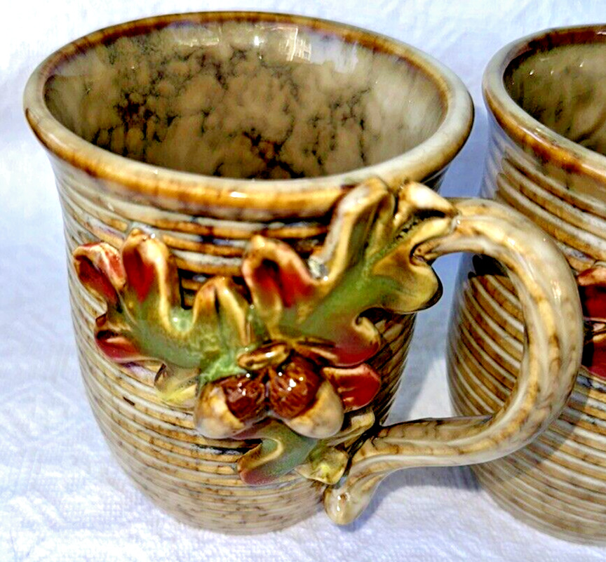 Set of 4 Majolica Style Rustic Mugs Hand-Applied 3D Fall Autumn Leaves & Acorns