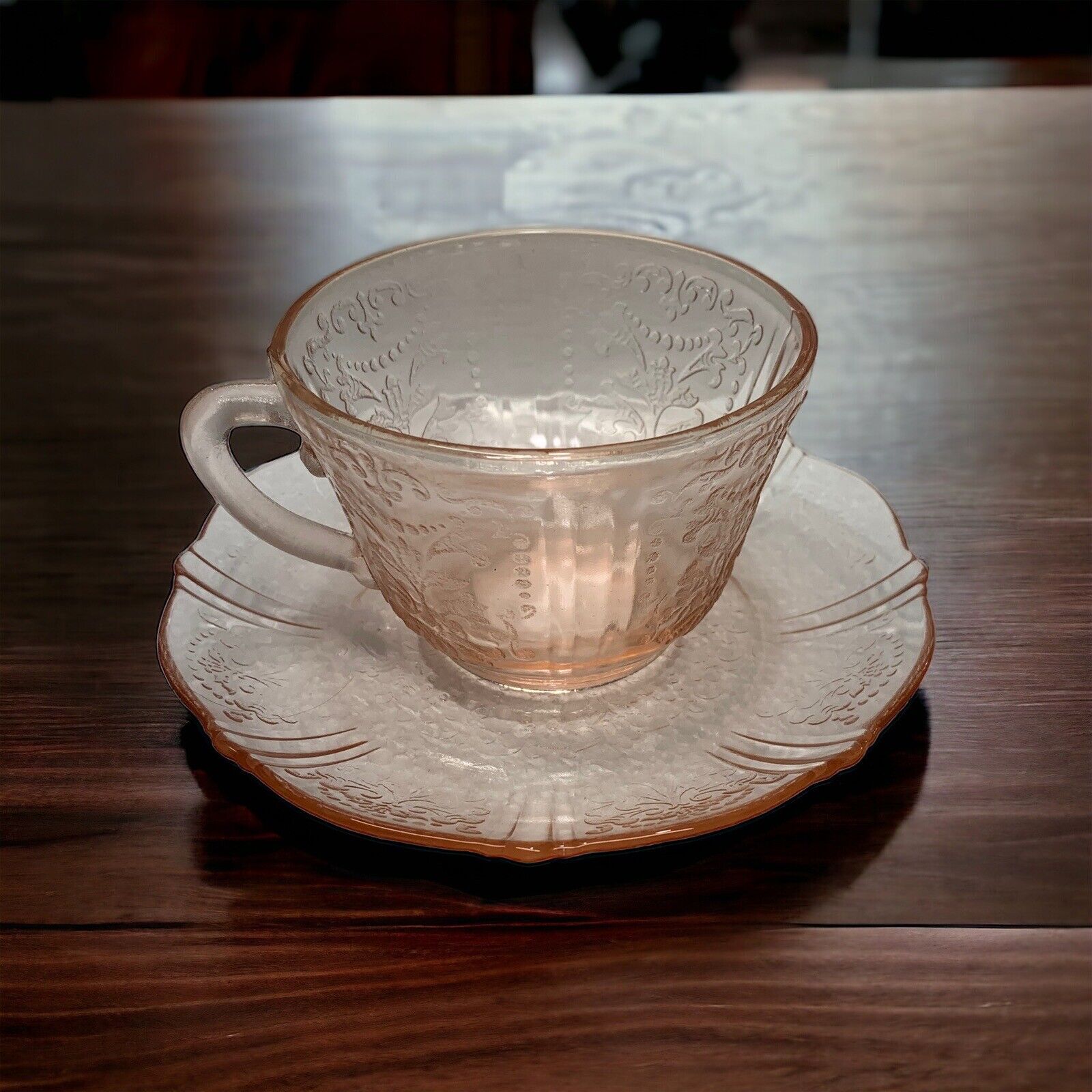 American Sweetheart Pink Depression Glass Teacup & Saucer 2 Sets Vintage