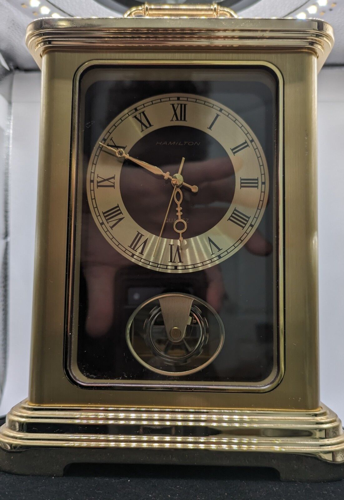 Vintage Brass Hamilton Carriage Quartz Clock Japan Spinning Gear Works Great 