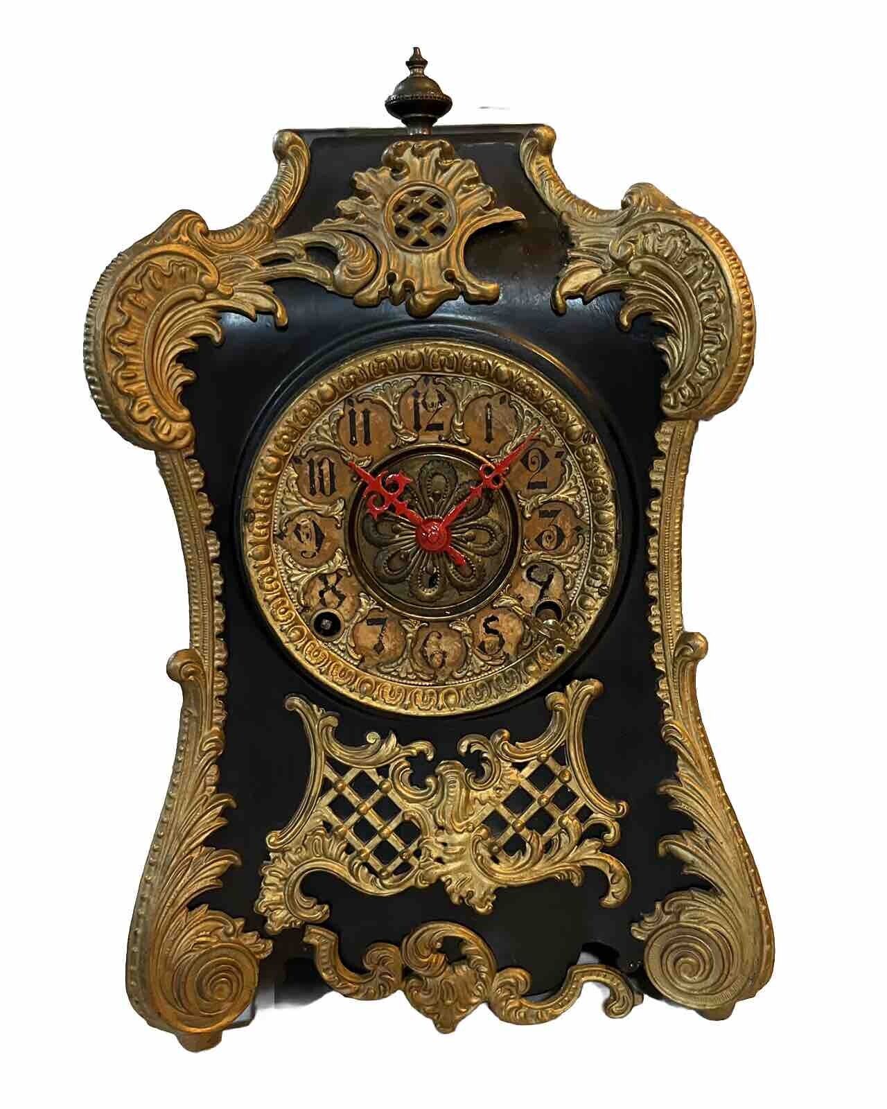 Victorian Antique F. Kroeber Black Iron Mantle Clock Red Hands ~ *Needs Service*
