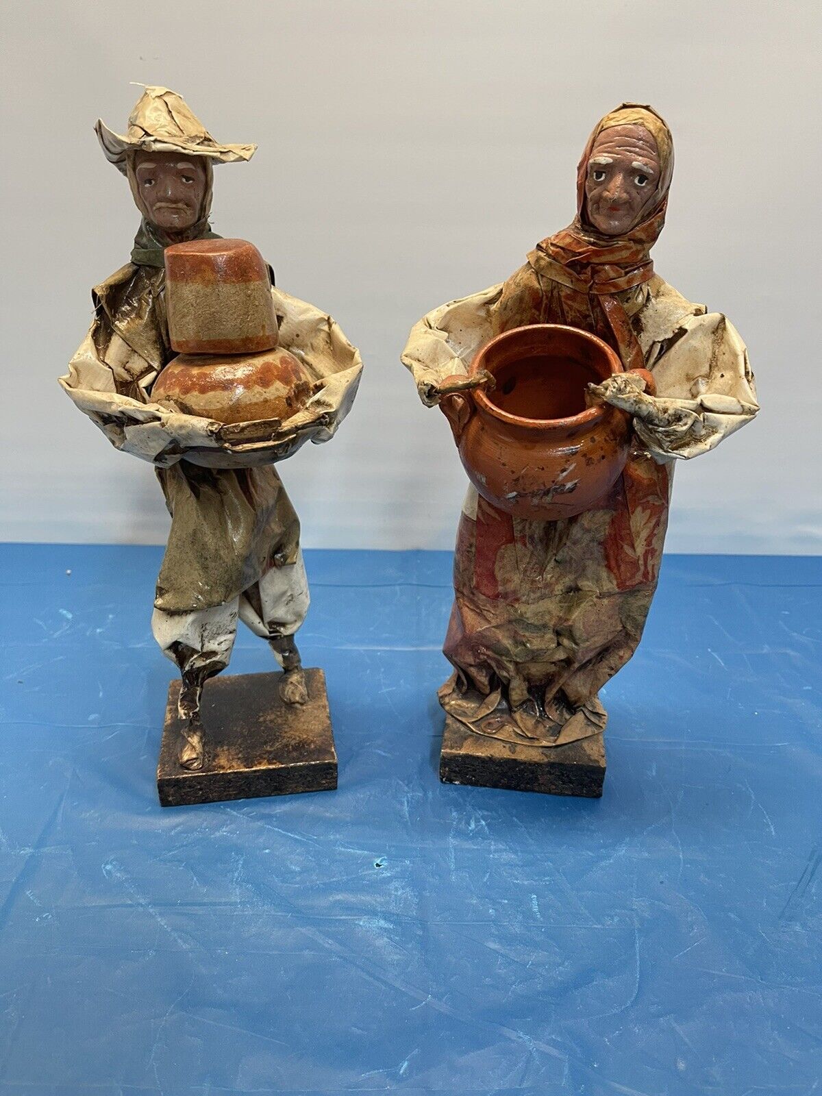 Pair of Mexican Folk Art Vintage Paper Mache, Old Man and Woman