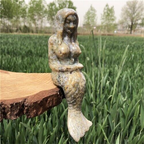 370g Natural Moss Agate Quartz Carved Mermaid elf Sculpture handmade Reiki Decor