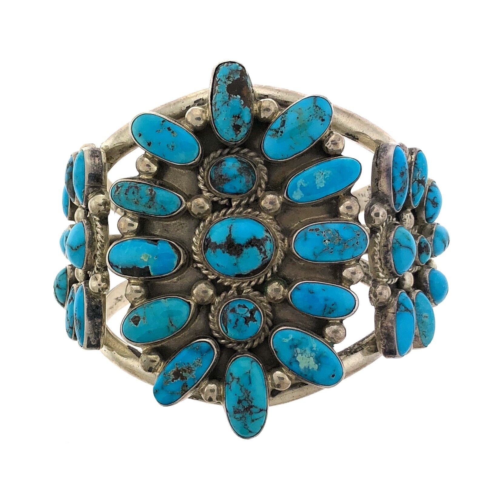 Navajo Pete Morgan Sterling Silver Brilliant Turquoise Cluster Bracelet Cuff