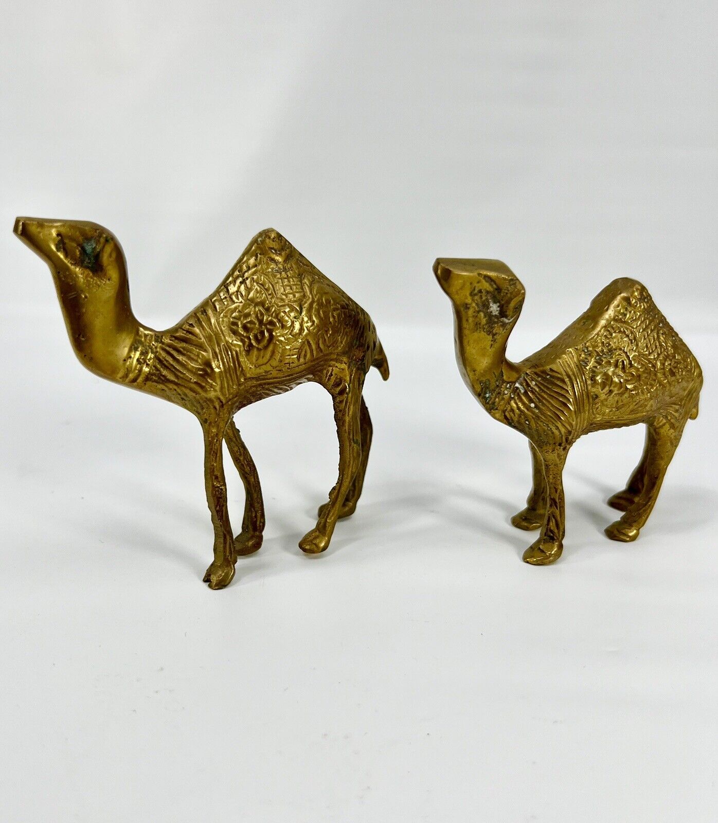 2- Vintage Etched Solid Brass Camel Figurine Middle East Decor Art Sculpture