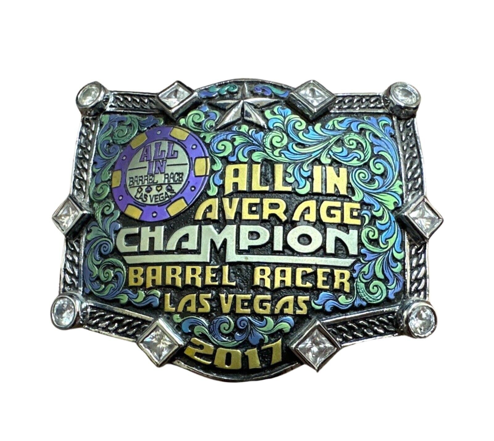 RARE Bob Berg Colorful All In Barrel Race Champion Las Vegas 2017 Belt Buckle