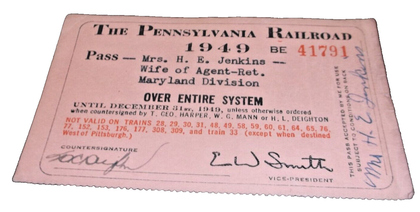 1949 PENNSYLVANIA RAILROAD PRR EMPLOYEE SYSTEM PASS #41791