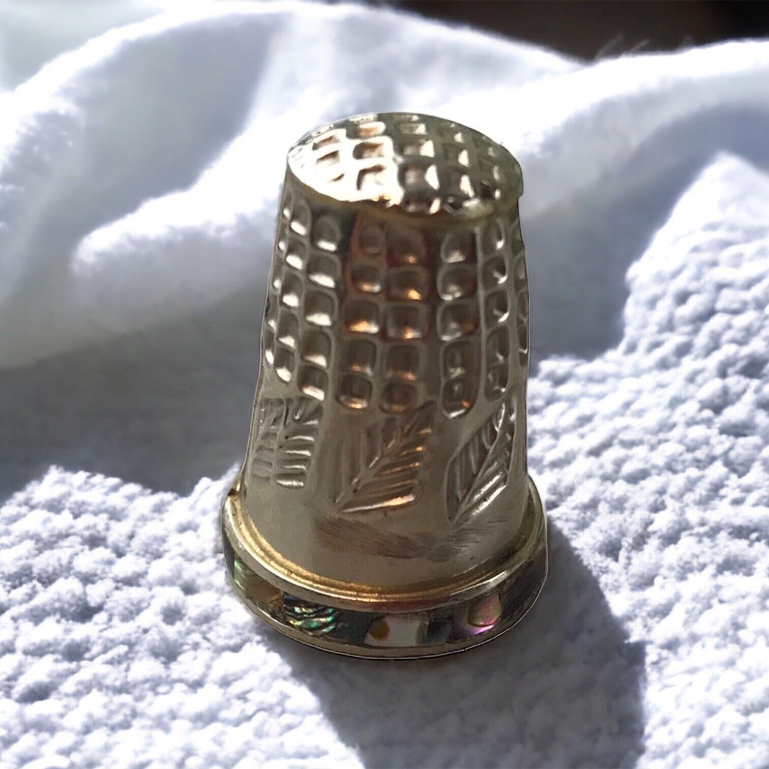 Antique Silver Sewing Thimble with Mother of Pearl Band Leaf Motif