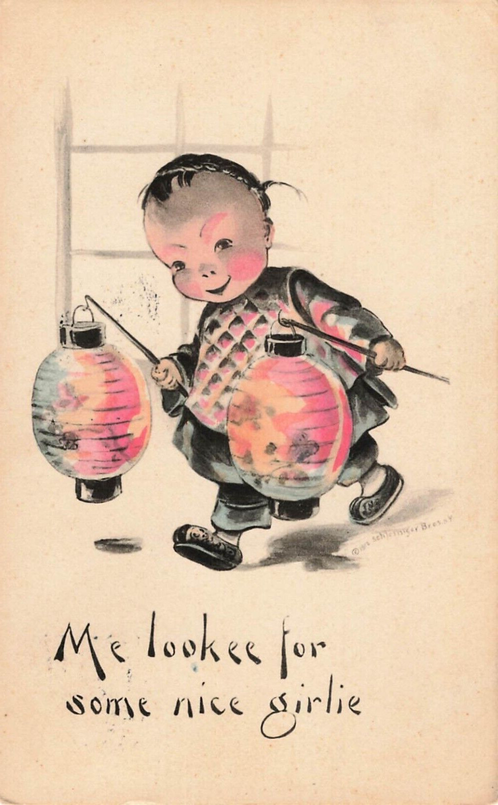 Vintage Postcard - 1914/  posted -  Asian artwork - me lookee  - 1 cent stamp