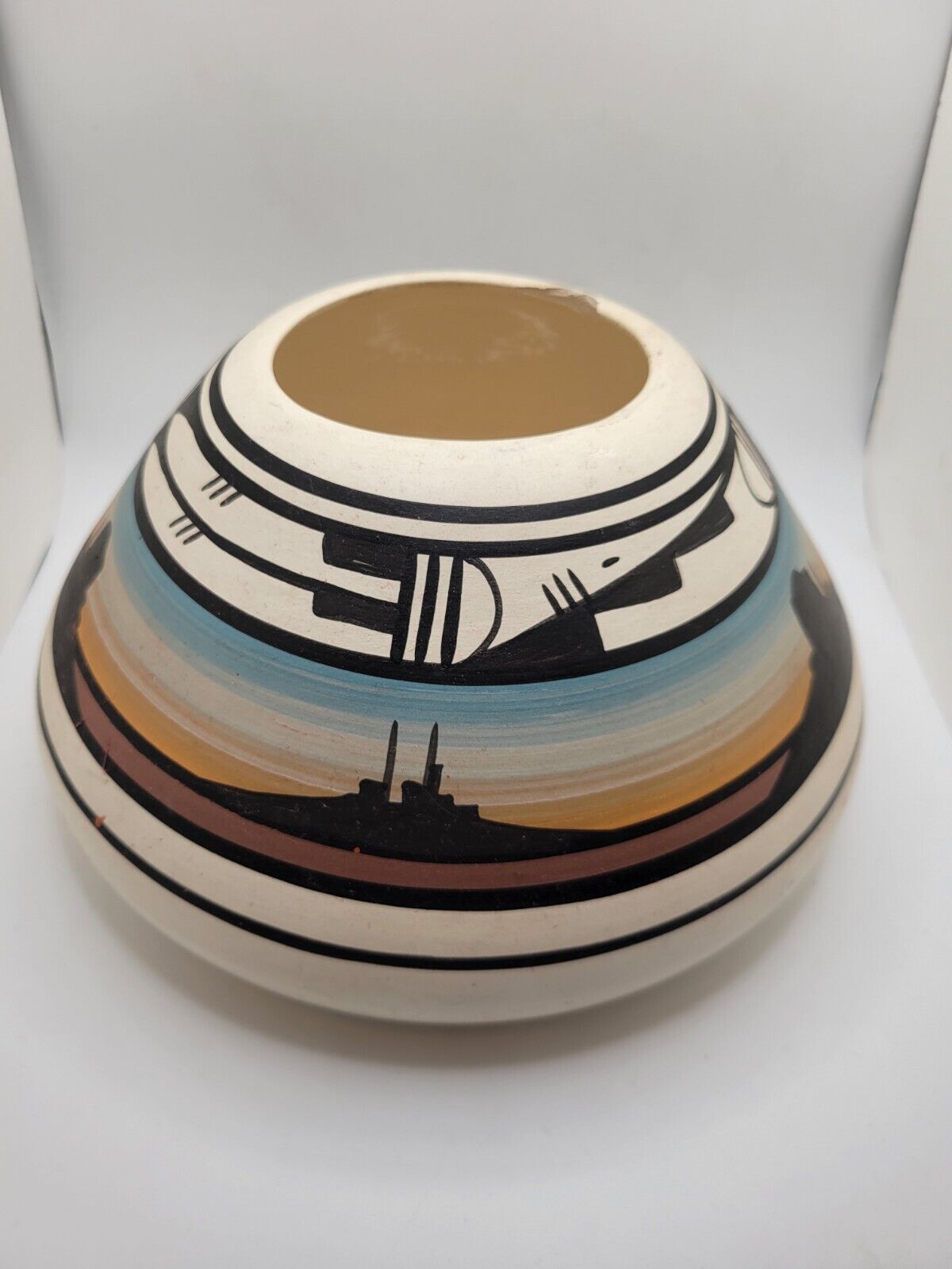 Hand Made Hand Painted Ceramic Navajo Vase Bowl Mountain Scene Signed