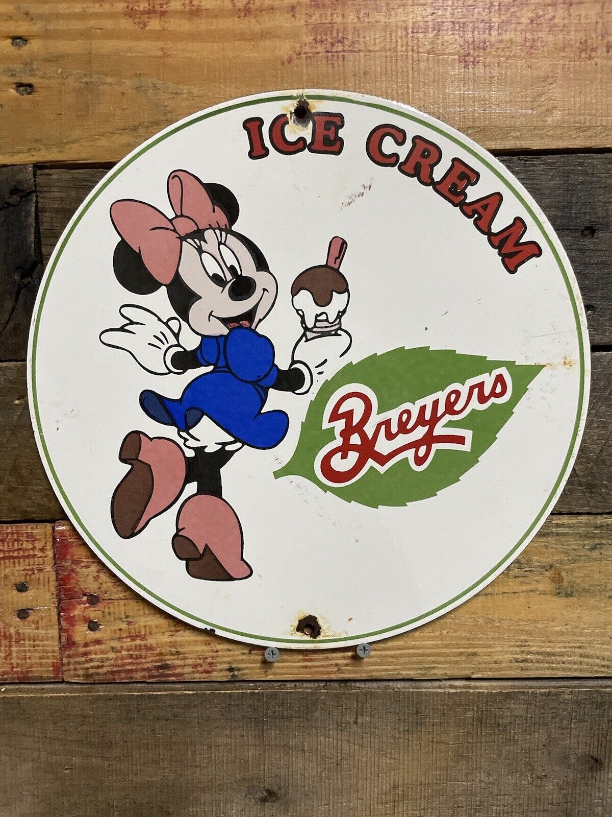 VINTAGE BREYERS ICE CREAM PORCELAIN SIGN MINNIE MOUSE GAS & OIL CONFECTIONERY