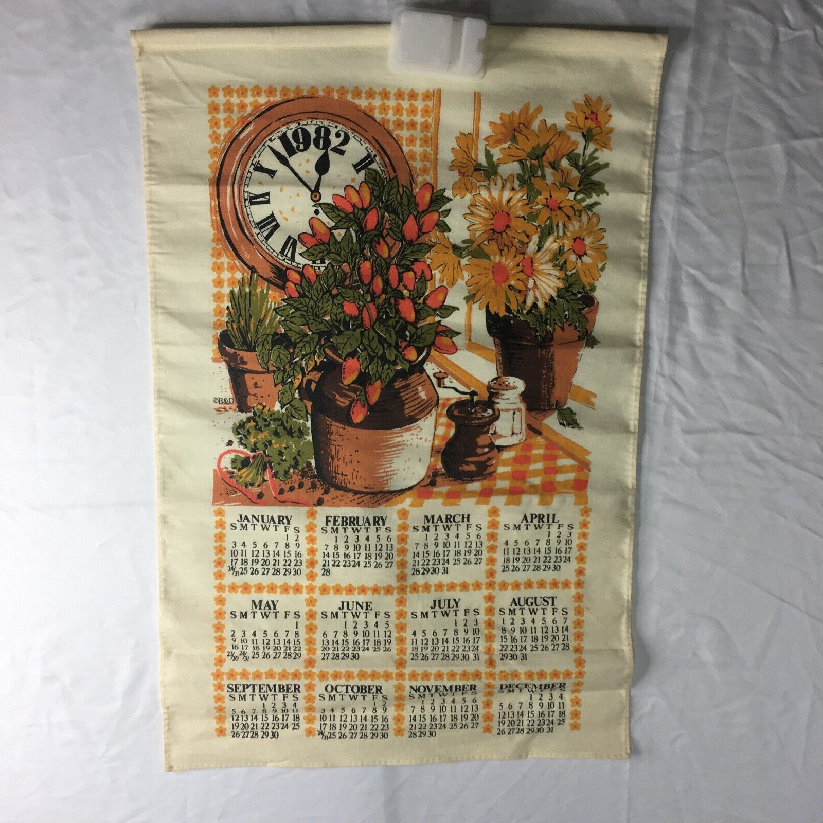 Vintage Cloth Calendar 1982 Wall Hanging Cloth Material Orange Flowers Kitchen