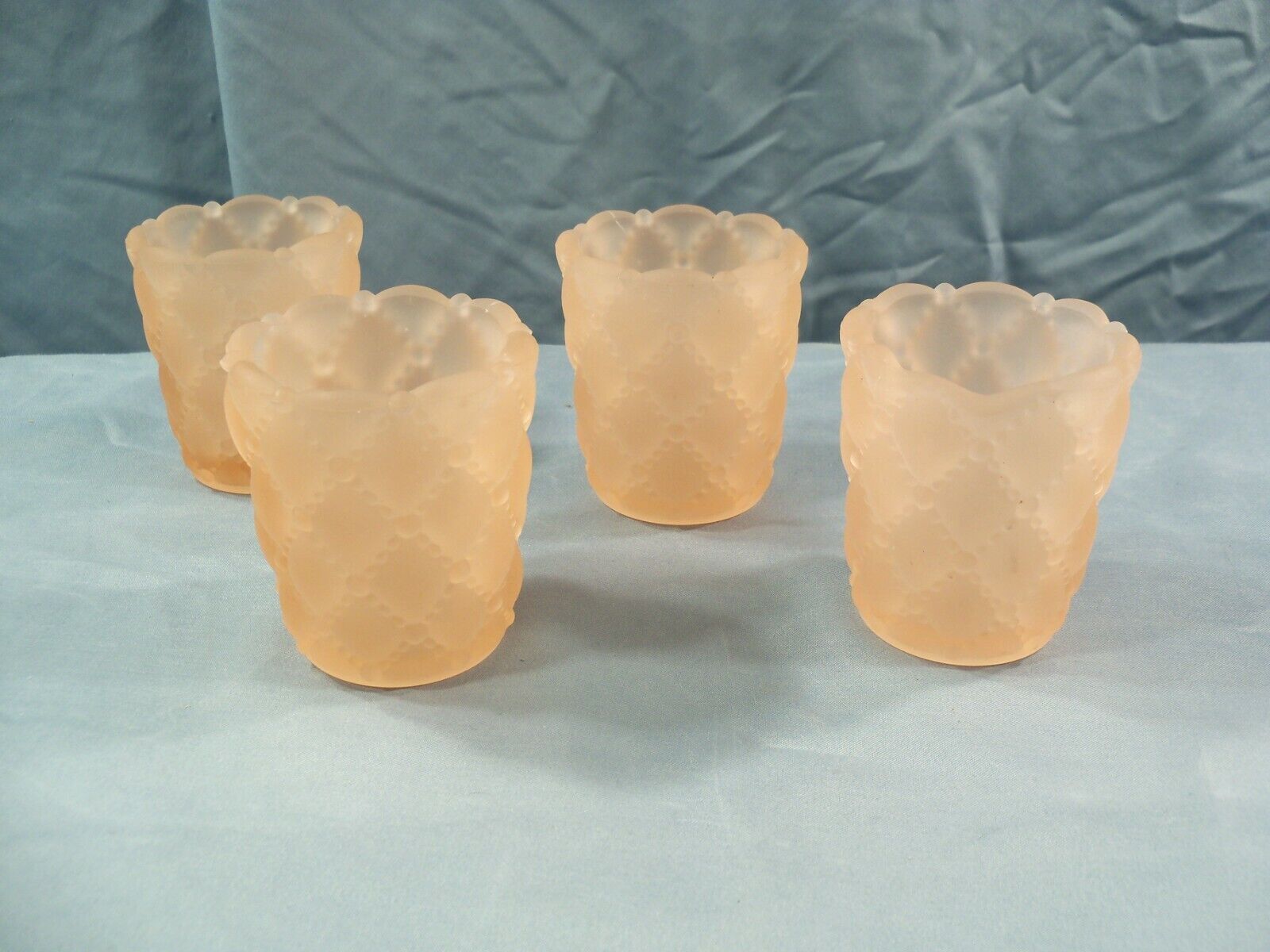Lot of 4 Pink Satin Glass Diamond Quilt Votive Candle Toothpick Holders