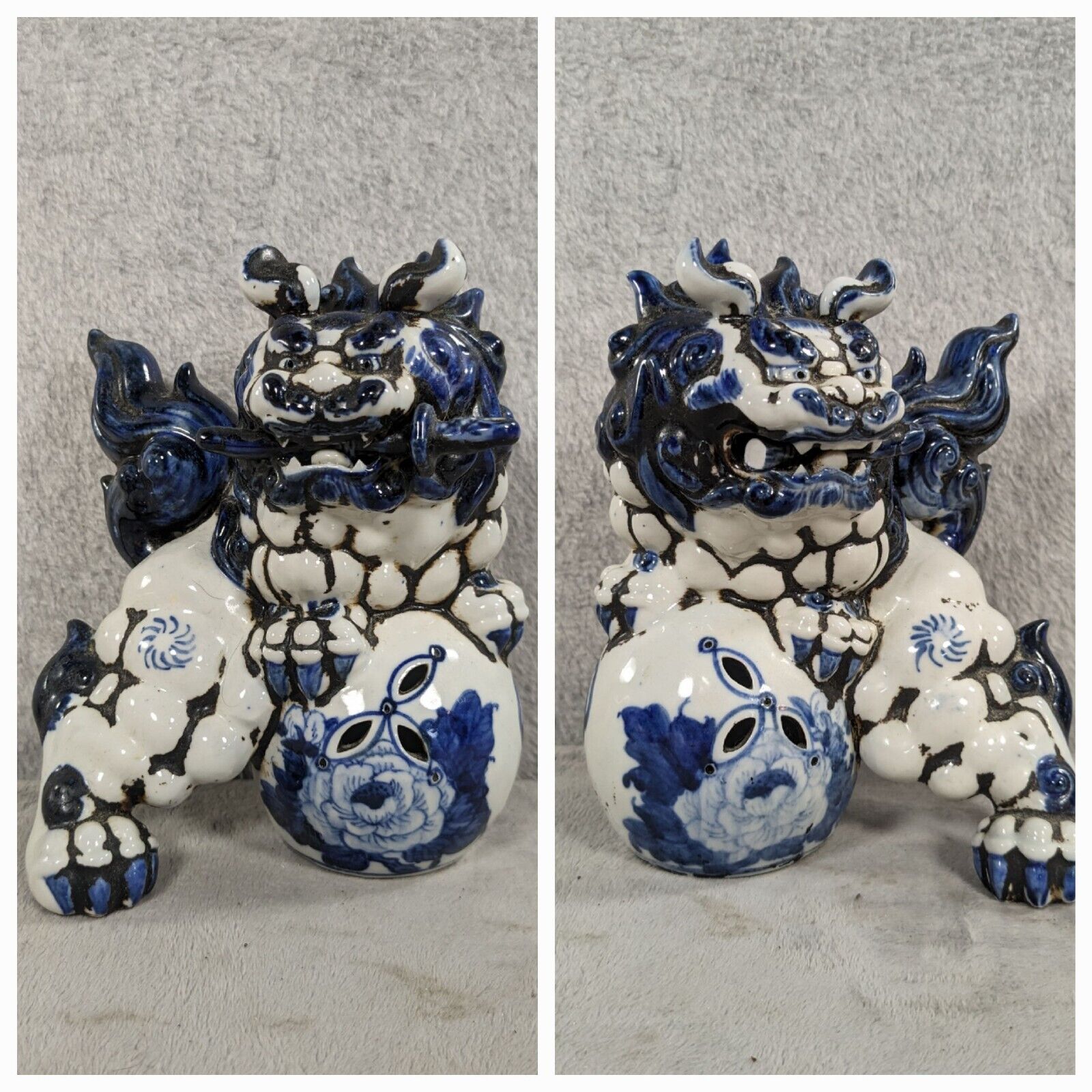 Pair Of Vintage Kutani Japanese Foo Dog Guardians White/Blue Porcelain - Damaged