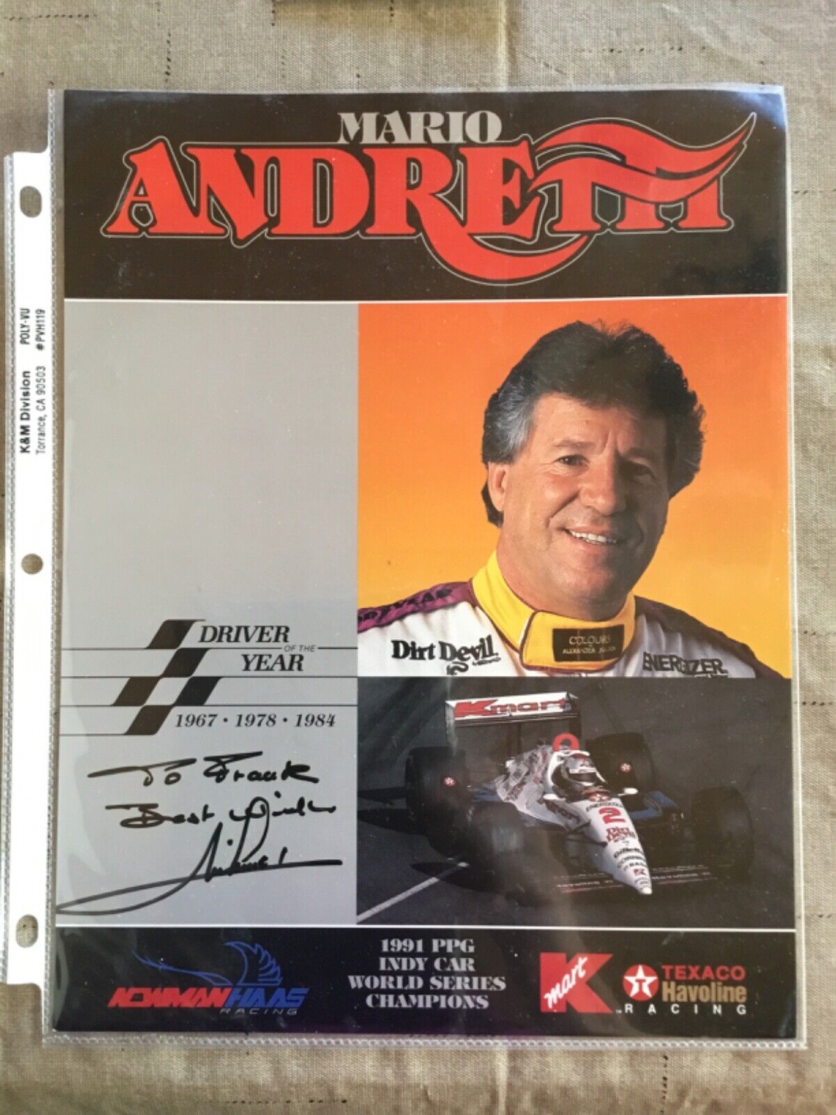 Mario Andretti Signed Photo 8x10 Original 1991 PPG World Series Champions