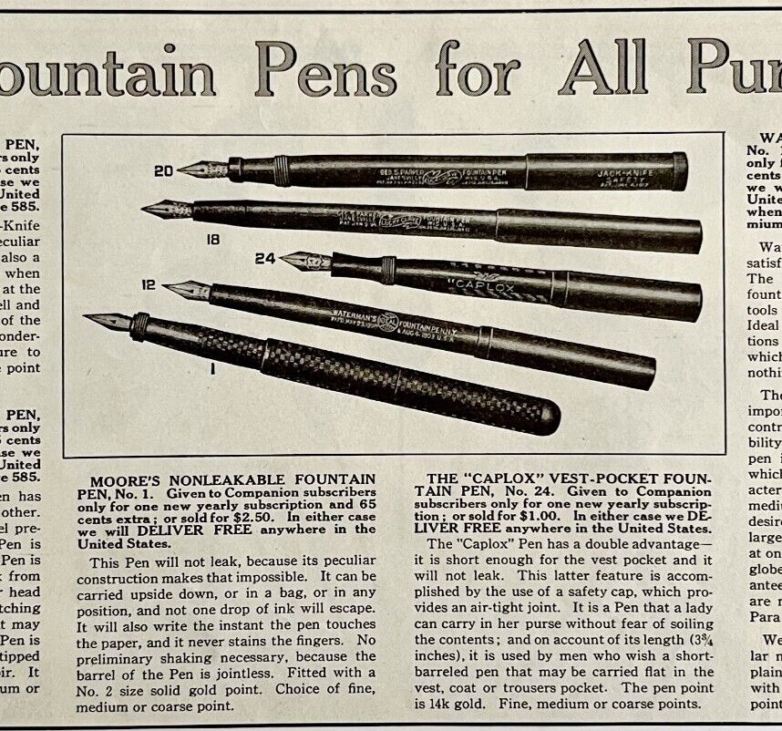 1916 Parker Fountain Pen Advertisement Waterman Moore Caplox DWMYC1