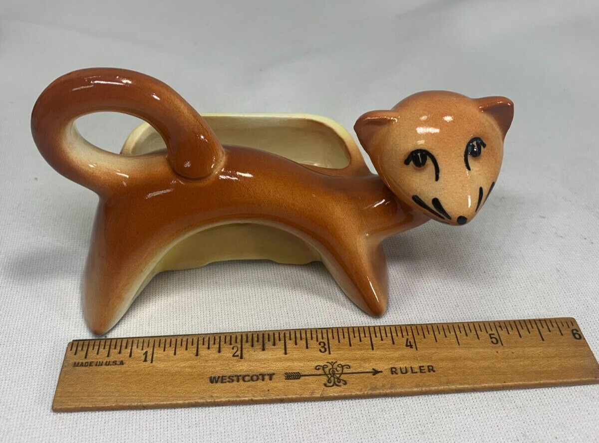 Vintage Weasel Fox Ferret Ceramic Planter Brown Yellow Mid Century Dresser Caddy