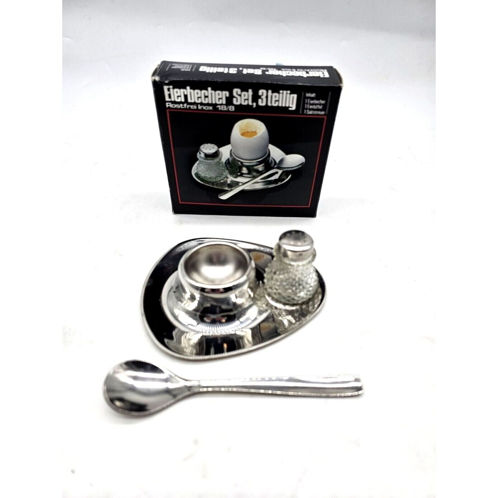 Eierbech Rostfros Inox Stainless Steel Egg Cup Holder Set Salt Shaker/Spoon