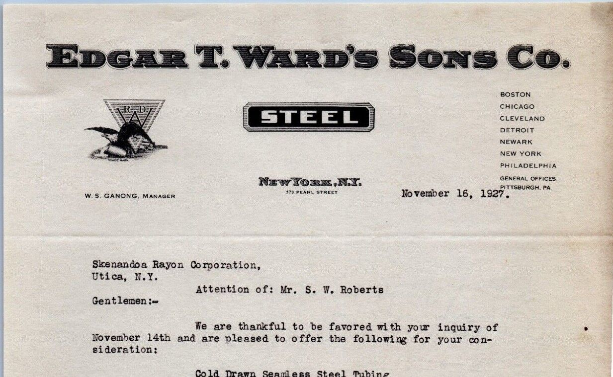 1927 Edgar T. Ward\'s Sons Co. Steel Letterhead Utica New York Skenandoa Rayon