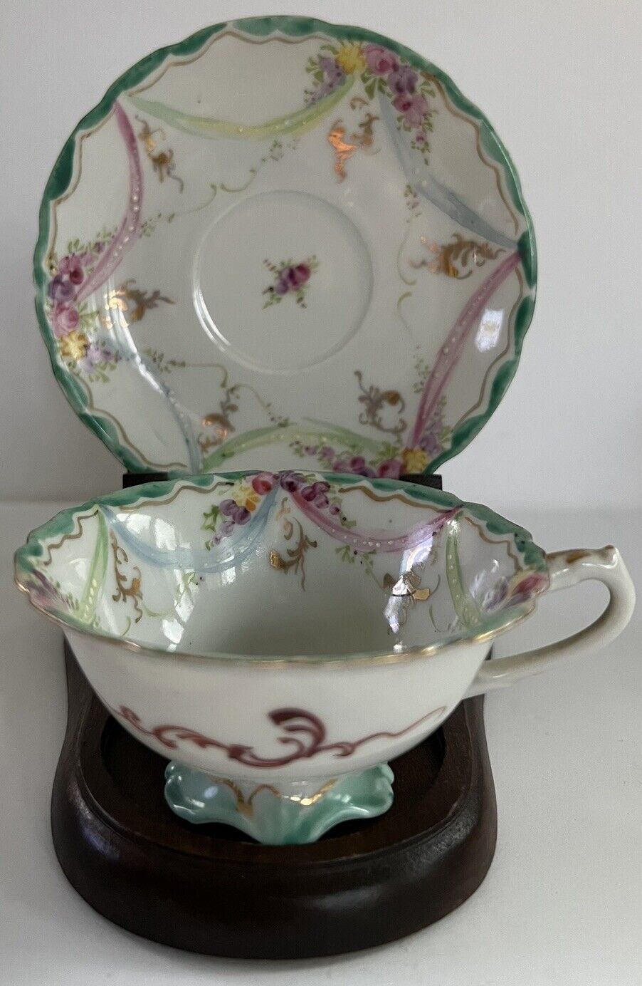 Antique Demitasse Tea Cup & Saucer Hand Painted Pink Blue Green Ribbon Gold Trim